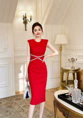 Sleeveless Rhinestone Cut Out Bodycon Dress S / Red